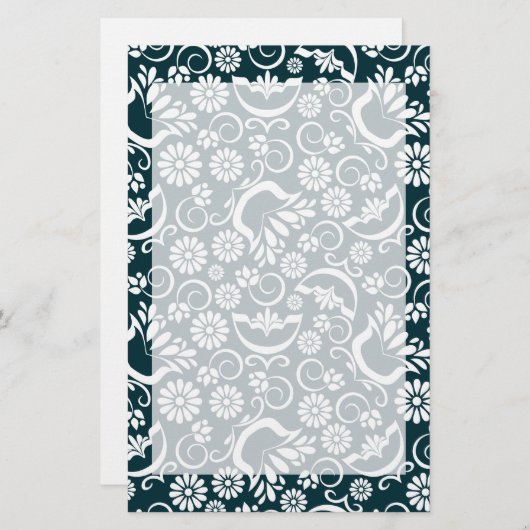 Elegant zwart wit bloemmotief briefpapier (Voorkant / Achterkant)