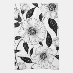 Elegant zwart-wit bloemmotief in lijnkunst (1) theedoek