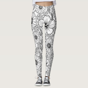 Elegant zwart-wit bloemmotief in lijnkunst (4) leggings