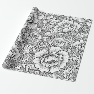 Elegant zwart-wit bloemmotief in lijnkunst (6) cadeaupapier