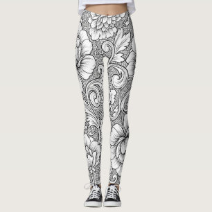 Elegant zwart-wit bloemmotief in lijnkunst (6) leggings