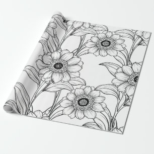 Elegant zwart-wit bloemmotief in lijnkunstpatroon  cadeaupapier