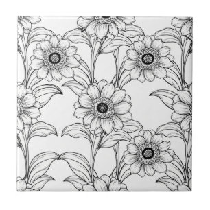 Elegant zwart-wit bloemmotief in lijnkunstpatroon tegeltje