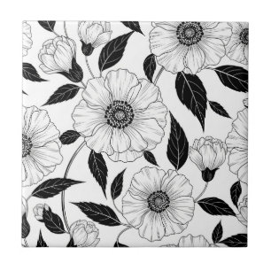 Elegant zwart-wit bloemmotief lijnkunstpatroon (1) tegeltje