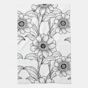 Elegant zwart-wit bloemmotief lijnkunstpatroon (2) theedoek