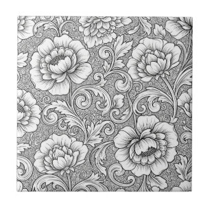 Elegant zwart-wit bloemmotief lijnkunstpatroon (6) tegeltje