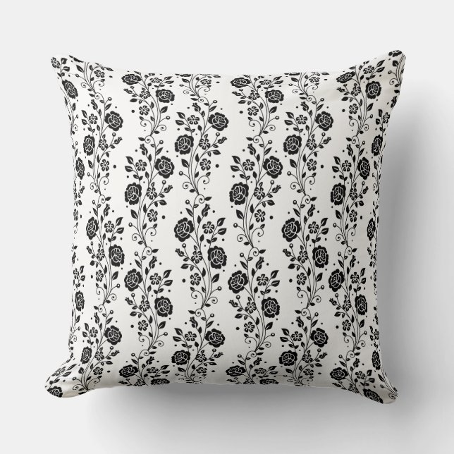 Elegant zwart-wit bloemmotief met rozen kussen (Voorkant)