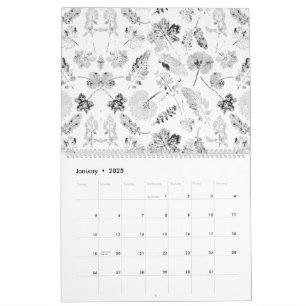 Elegant zwart-wit bloemontwerp met presentatie d kalender