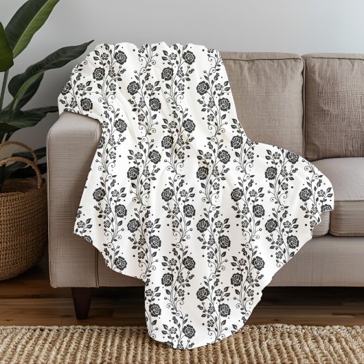 Elegant zwart-wit bloempatroon fleece deken