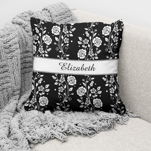 Elegant zwart-wit bloempatroon kussen (Creator heeft geüpload)