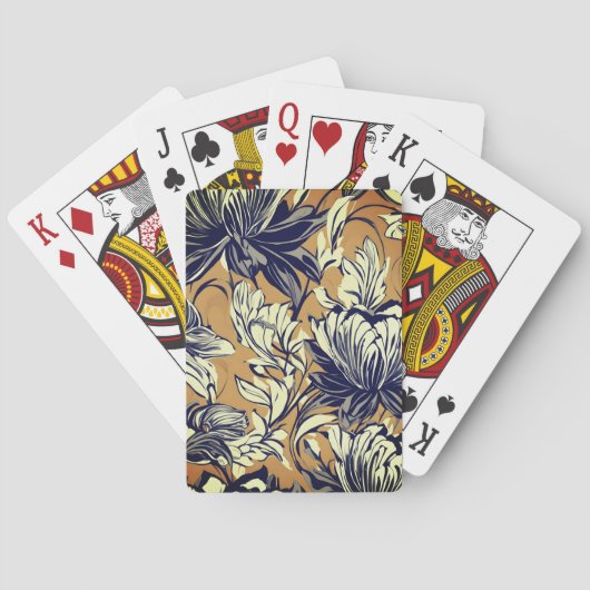 Elegant zwart-wit bloempatroon op mosterdgoud pokerkaarten (Achterkant)
