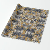 Elegant zwart-wit bloempatroon op mosterdgouden ac cadeaupapier (Uitgerold)