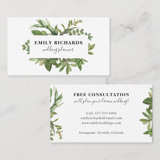 Elegant zwart-wit botanisch blad script visitekaartje (Voorkant / Achterkant)