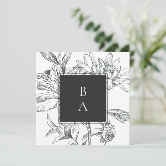 Elegant Zwart Wit Botanisch Bloemen Bruiloft Kaart (Staand voorkant)