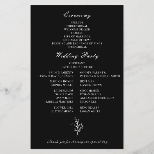 Elegant Zwart Wit Botanisch Huwelijksprogramma (Achterkant)