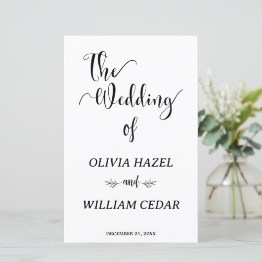 Elegant Zwart Wit Botanisch Huwelijksprogramma (Staand voorkant)