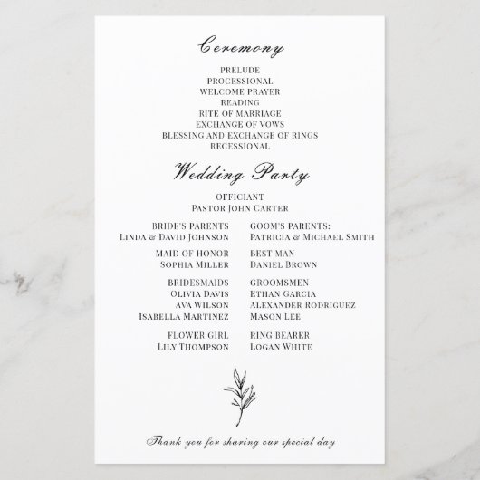 Elegant Zwart Wit Botanisch Huwelijksprogramma (Achterkant)