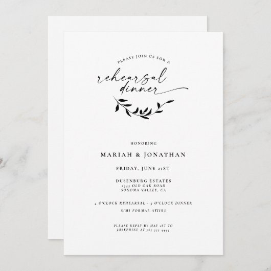 Elegant zwart-wit botanisch repetitiediner kaart (Voorkant / Achterkant)