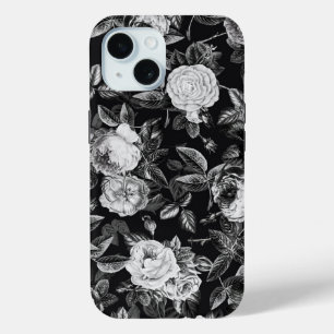 Elegant  Zwart Wit Botanische Bloemen Rozen iPhone 15 Case