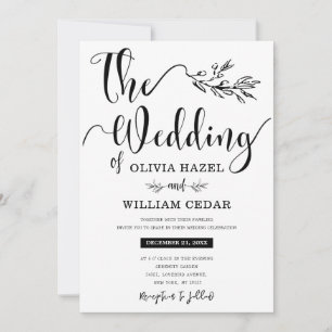 Elegant Zwart Wit Botanische Kalligrafie Bruiloft Kaart