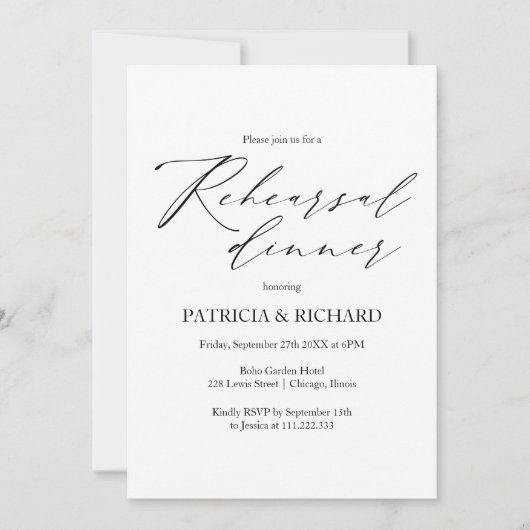 Elegant zwart-wit bruiloft repetitie diner kaart (Voorkant)