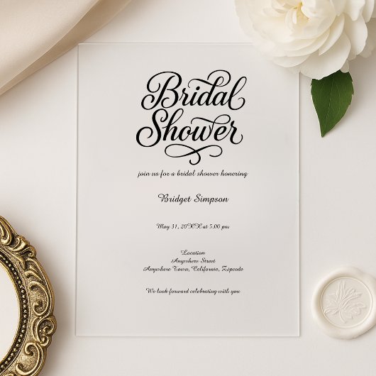 Elegant zwart-wit bruiloftsfeestscript acryl uitnodigingen
