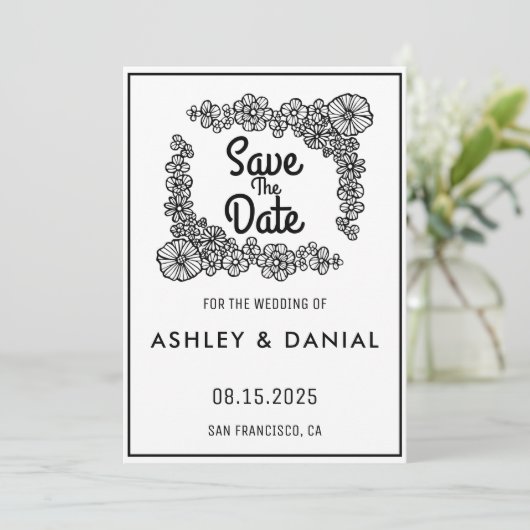 Elegant zwart wit bruinbruin bruiloft Bewaar datum Kaart (Staand voorkant)