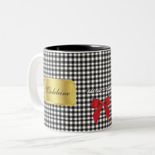 Elegant Zwart & Wit Buffel Plaid Monogram Goud Tweekleurige Koffiemok (Voorkant links)
