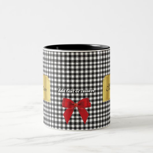 Elegant Zwart & Wit Buffel Plaid Monogram Goud Tweekleurige Koffiemok (Center)