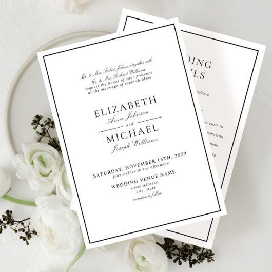 Elegant Zwart Wit Classic Script Details Huwelijk Kaart