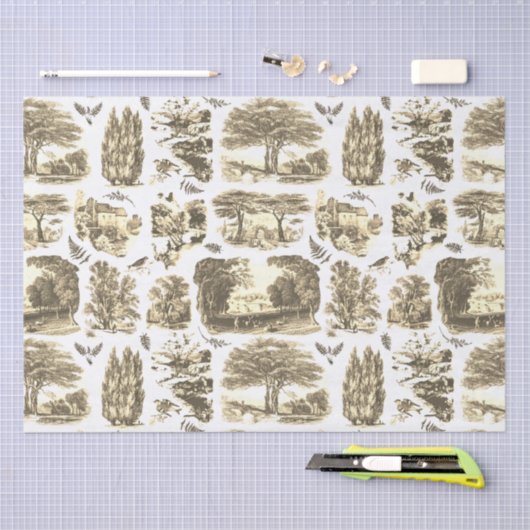Elegant Zwart Wit Country Toile Beige Tissuepapier (Craft)