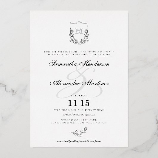 Elegant Zwart & Wit Crest Bruiloft Folie Uitnodiging (Voorkant)