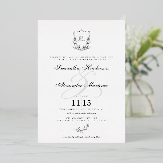 Elegant Zwart & Wit Crest Bruiloft Folie Uitnodiging (Staand Voorkant)