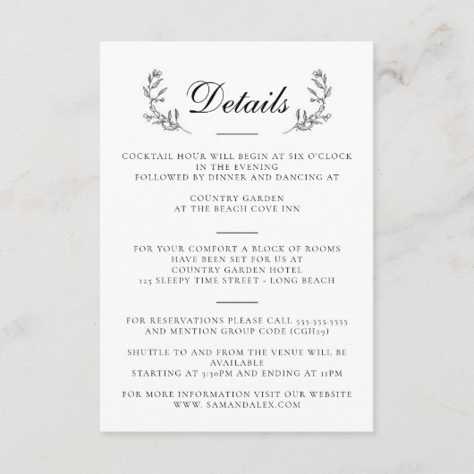 Elegant Zwart & Wit Crest Bruiloft Informatiekaartje (Voorkant)