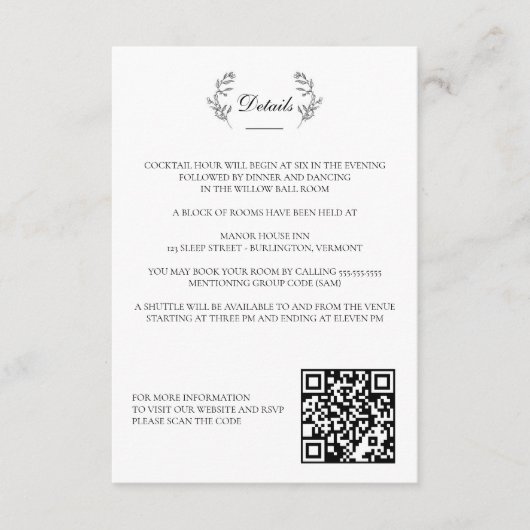 Elegant Zwart & Wit Crest Bruiloft Informatiekaartje (Voorkant)