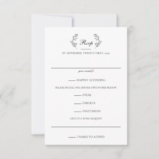 Elegant Zwart & Wit Crest Bruiloft RSVP Kaartje (Voorkant)