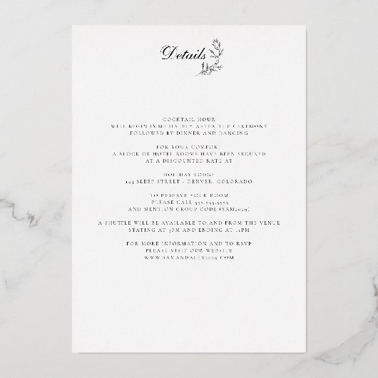 Elegant Zwart & Wit Crest met Details Bruiloft Folie Uitnodiging (Achterkant)