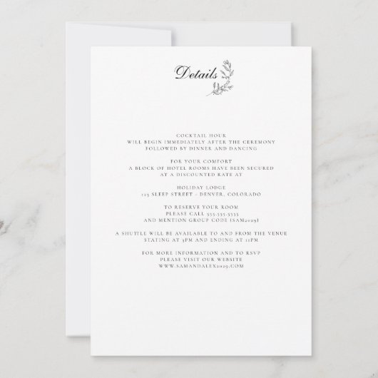 Elegant Zwart & Wit Crest met Details Bruiloft Kaart (Achterkant)