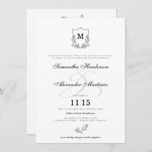 Elegant Zwart & Wit Crest met Details Bruiloft Kaart (Voorkant / Achterkant)