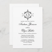 Elegant zwart & wit crest monogram bruiloft kaart (Voorkant / Achterkant)