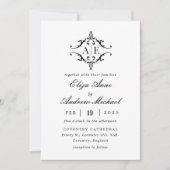 Elegant zwart & wit crest monogram bruiloft kaart (Voorkant)