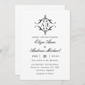 Elegant zwart & wit crest monogram bruiloft kaart (Voorkant / Achterkant)