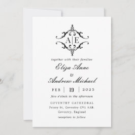 Elegant zwart & wit crest monogram bruiloft kaart