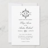 Elegant zwart & wit crest monogram bruiloft kaart (Voorkant)