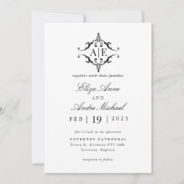 Elegant zwart & wit crest monogram bruiloft kaart