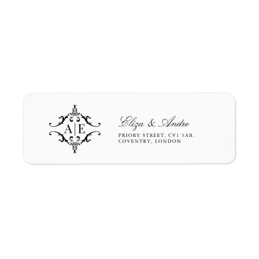 Elegant Zwart & Wit Crest Monogram Bruiloft Label (Voorkant)