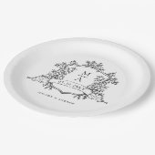 Elegant zwart & wit crest monogram bruiloft papieren bordje (Gekanteld)