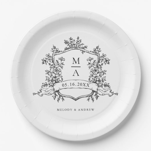 Elegant zwart & wit crest monogram bruiloft papieren bordje (Voorkant)