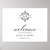 Elegant zwart & wit crest monogram bruiloft poster (Voorkant)