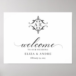 Elegant zwart & wit crest monogram bruiloft poster